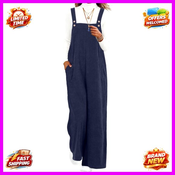 Pants - Corduroy Wide Leg Jumpsuit Adjustable Romper with Pockets Sleeveless Overalls